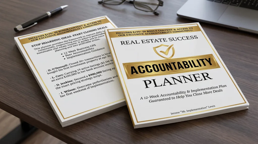 The printed Real Estate Success Accountability Planner by Jerome “Mr. Implementation” Lewis — a real physical book shipped to your door
