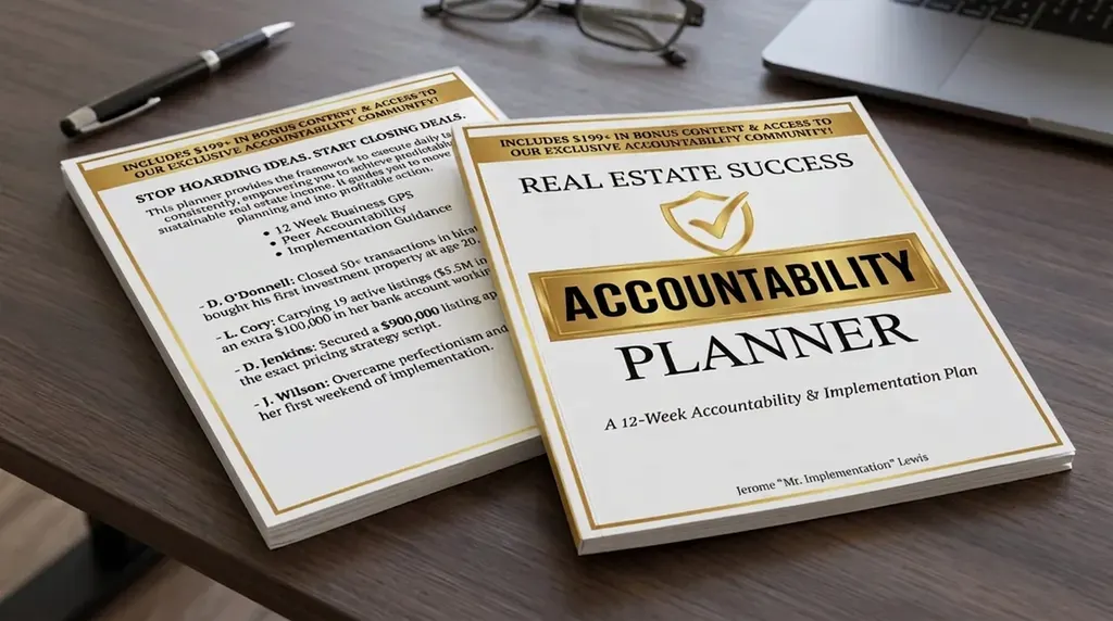 The printed Real Estate Success Accountability Planner by Jerome “Mr. Implementation” Lewis — a real physical book shipped to your door